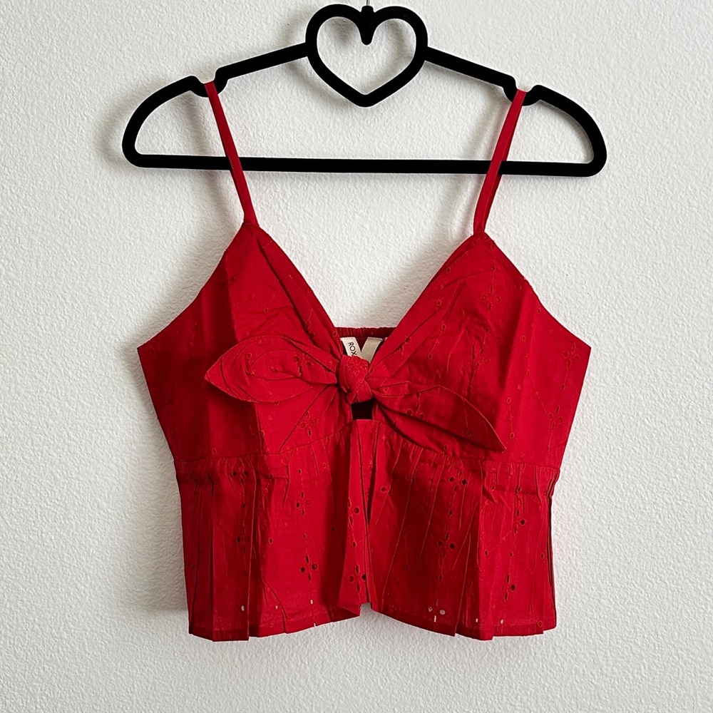 Roxy Red Eyelet Cropped Tie-Front Cotton Top Size M